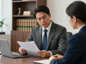 Criminal defense attorney reviewing case files with client in Los Angeles office