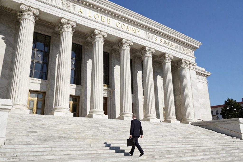 Los Angeles County courthouse with lawyer walking up steps