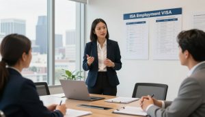 Business professionals discussing employment visa options with Los Angeles Immigration Lawyer