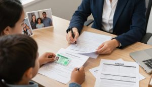 Family reviewing immigration documents with Los Angeles Immigration Lawyer