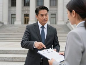 LA County Lawyer Services attorney consulting with client at courthouse